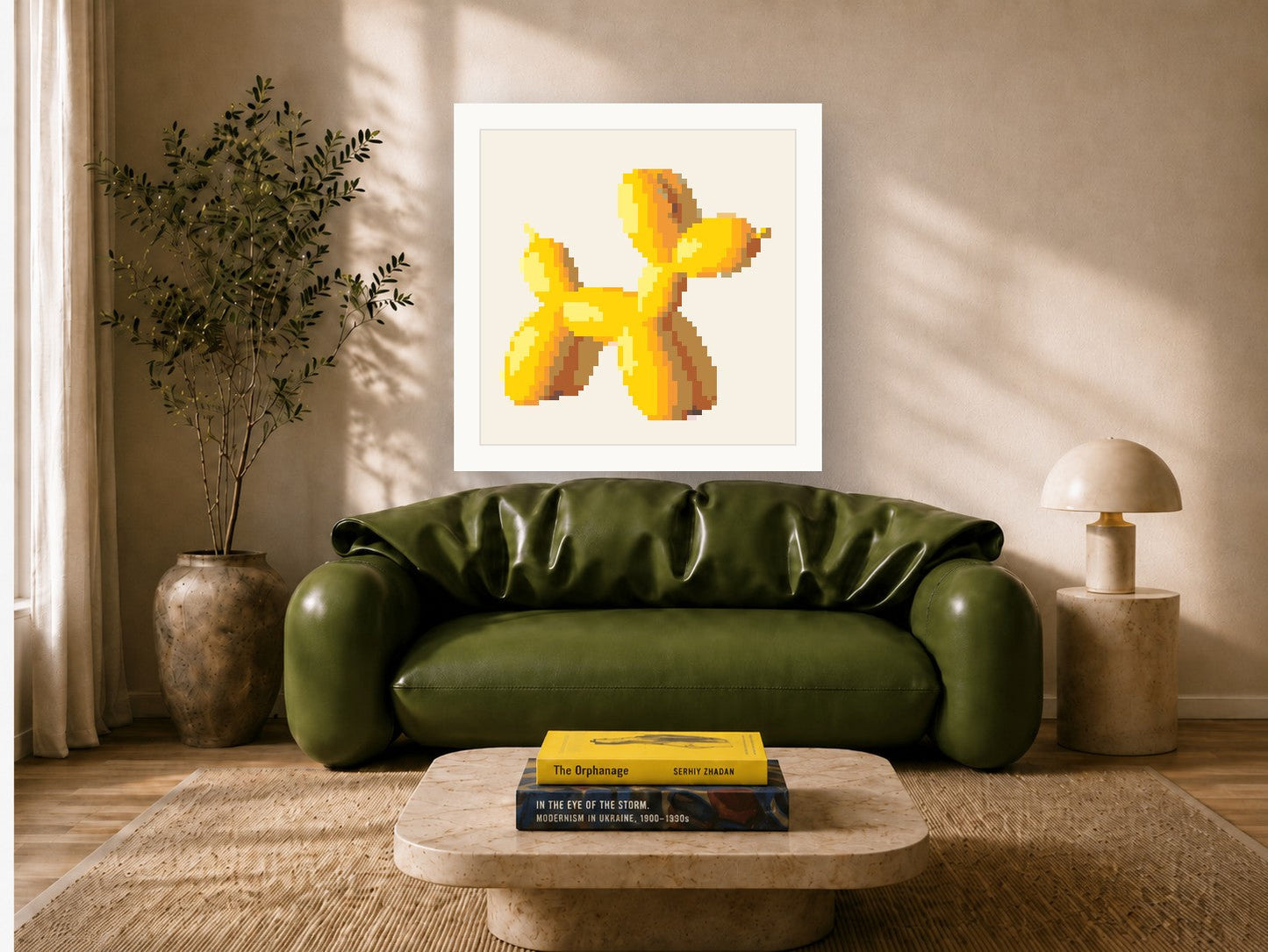 Custom pin mosaic of a yellow balloon dog, framed on a living room wall