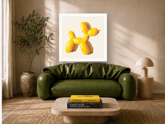 Custom pin mosaic of a yellow balloon dog, framed on a living room wall